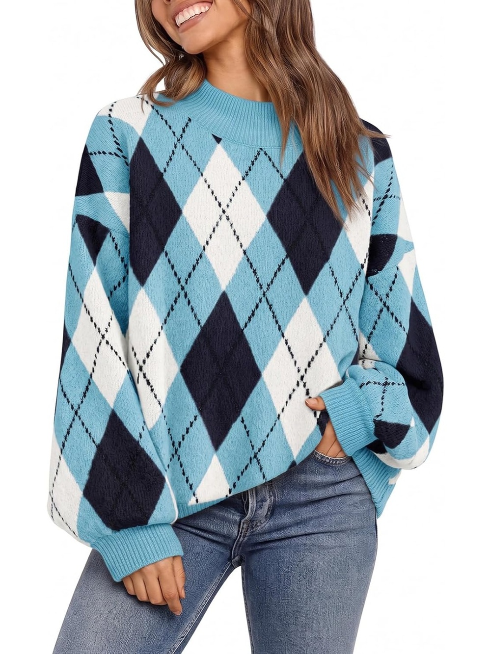 🆕 Women's Blue Argyle Plaid Sweater Oversized Lantern Sleeve Pullover Top